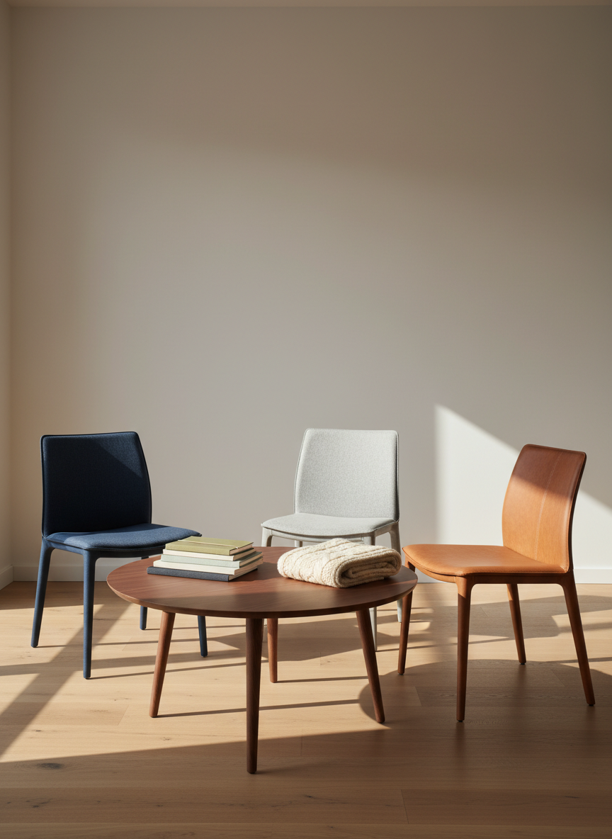 A minimalist, warmly lit room featuring a round, low-profile walnut table at the center, with three distinctive empty chairs: one upholstered in deep navy fabric, one in soft gray felt, and one in caramel leather, each angled slightly toward the middle as if in quiet conversation. On the table lies a neatly stacked set of linen-bound notebooks and a single, meticulously folded knitted blanket. Diffused afternoon light enters through unseen windows, creating soft, elongated shadows and a serene atmosphere. Photographic realism with a clean, modern aesthetic, shot from a slightly elevated angle using the rule of thirds. The mood is sophisticated, calm, and inviting, suggesting a confidential space where difficult emotions can safely be placed on the table.