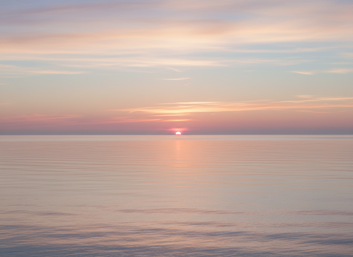 calm ocean horizon at sunrise with soft pastel sky, serene water surface, minimal, photographic